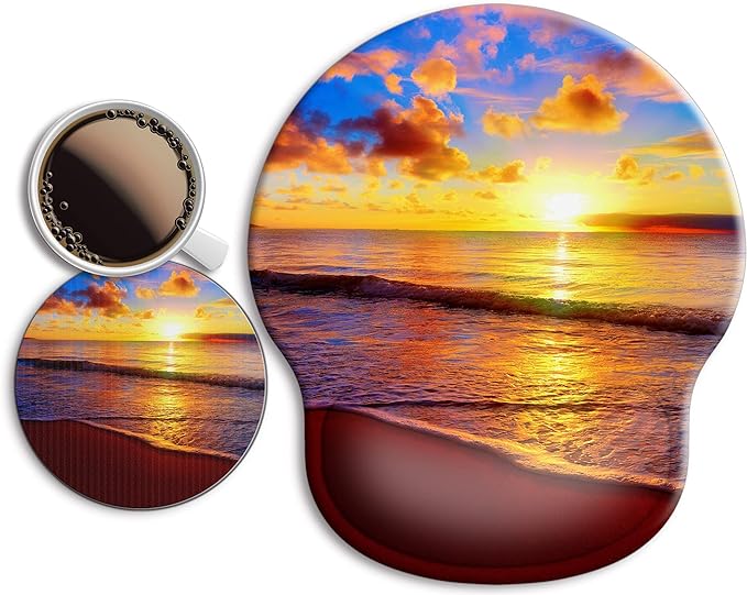 Ergonomic Mouse Pad with Wrist Support Rest,Large Mousepad Gel Wrist Rest, with Coaster Non-Slip & Pain Relief for Computer, Desk, Home&Office-Sunset Beach | Big Mousepad With Coaster Non-slip & Pain Relief for Computer, Home&Office Desk Decor