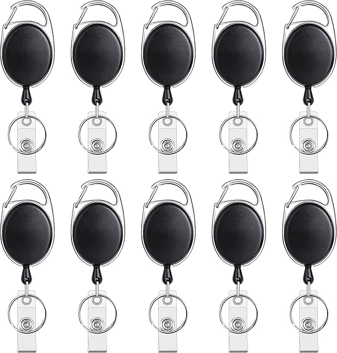Teskyer Badge Reel, 10 Pack Retractable Badge Holders with Carabiner Belt Clip and Key Ring for ID Card Holder and Keychain