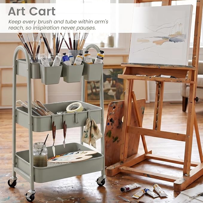 3-Tier Rolling Cart, Metal Rolling Storage Cart with Lockable Wheels & Hanging Cups & Hooks, Mobile Trolley Cart for Kitchen, Bathroom, Office, Workshop, Gray