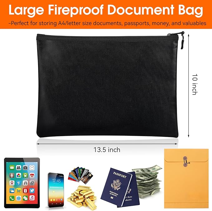 Fireproof Document Money Bag, Waterproof Zipper Pouch (10"x13.5") | Fire Proof for Passport, Important Legal Papers, Cash, Valuables, Secure Storage Organizer for Travel, Home, Office