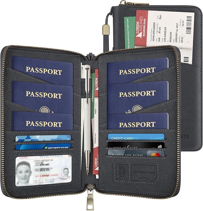 Likesing Family Passport Holder for 4, RFID Multiple Passport Holder-Grey | Leather RFID Blocking Travel Passport Wallet with Zipper, Travel Document Organizer with Wrist Strap Card Slots for Women Men