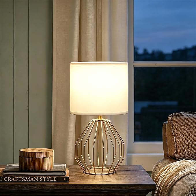 Brass Gold Table Lamp, Small Bedside Nightstand Lamp with White Fabric Shade, Metal Base Modern Geometric Desk Lamp for Bedrooms Living Room Office Kids Room