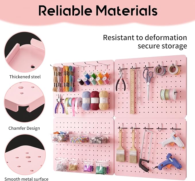 Pegboard Organizer Kit, 4 Pack 12 x 16 in Steel Panels with 6 Bins, Pink | 6 clear storage bins organize screws and small parts; 36 hooks and 30 peg locks keep garage tools sorted and easy to reach.