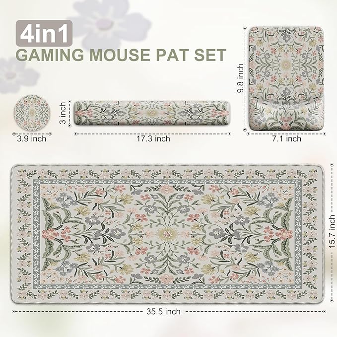 iCasso Mouse Pad with Wrist Rest,Ergonomic Large Desk Mat Set, Gray | Keyboard Pad with Wrist Support, Non-Slip Mouse Mat for Women, Cute Floral Computer Mat for Home Office Gaming