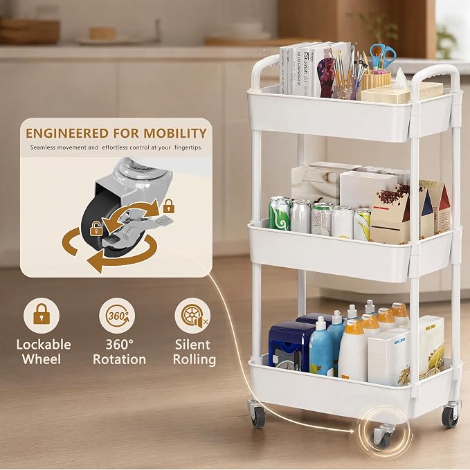 Laiensia 3-Tier Rolling Cart with Wheels,Multifunction Utility Storage Carts, Kitchen Storage Organizer,Mobile Shelving Unit for Bathroom,Laundry,with Classified Stickers,White