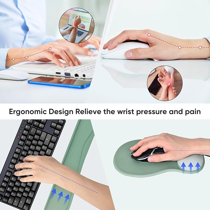 Wrist Rest Support for Mouse Pad Keyboard Set Circle Coaster Gaming Mouse Pad Ergonomic Gel Memory Foam Set for Computer, Laptop, Office, Pain Relief, Comfortably Typing Pure Green KM-34