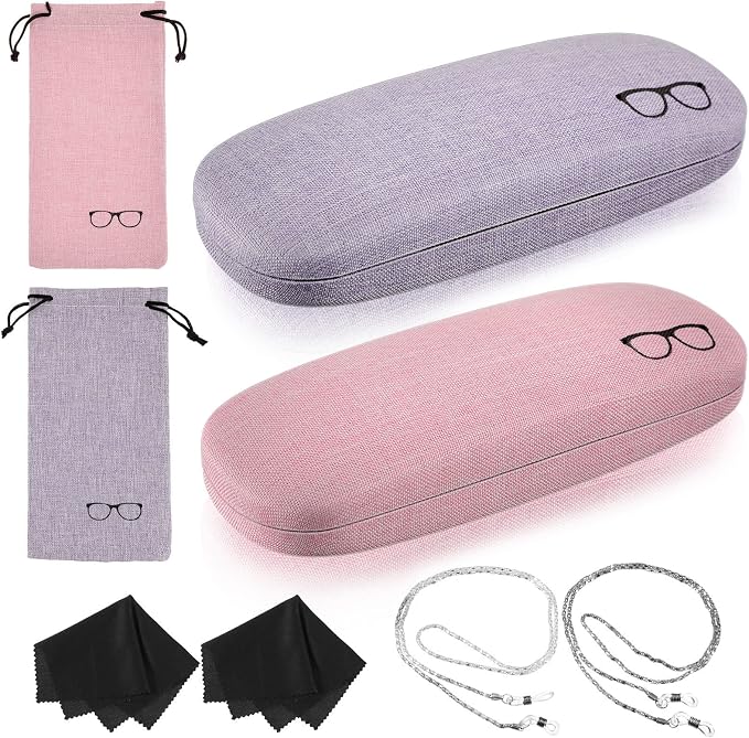 Frienda 2 Set Eyeglass Case Kit Hard Shell Fabric Dusty Colors Eyeglass Case with Storage Bag Glasses Chain Cleaning Cloth
