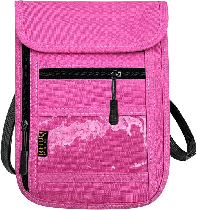 RFID Blocking Travel Neck Wallet Pouch and Passport Holder, Travel Neck Pouch Passport Holder for Women & Men - Rose