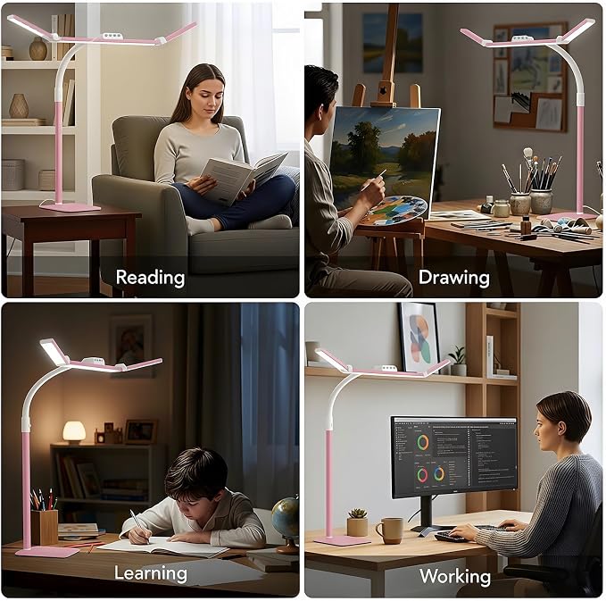 LED Desk Lamp for Home Office with Base, 28.2" Adjustable Gooseneck Swing Arm Bright Desk Light, Dimmable Architect Table Lamp for Desktop Computer Light, Reading, Study, Workbench（Pink）