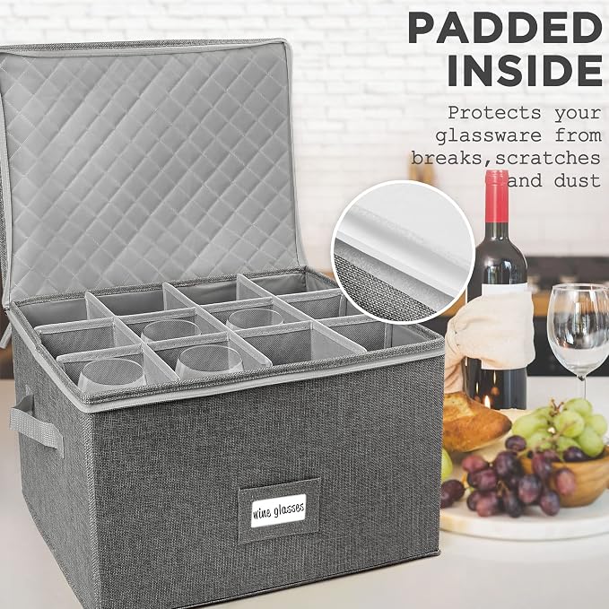 LotFancy Stemware Storage Container for Moving, Hard Shell, 2 Pack, Stackable Wine Glass Storage Box with Dividers & Handles, Crystal Glassware, Champagne Flute, Drinkware Case, Gray