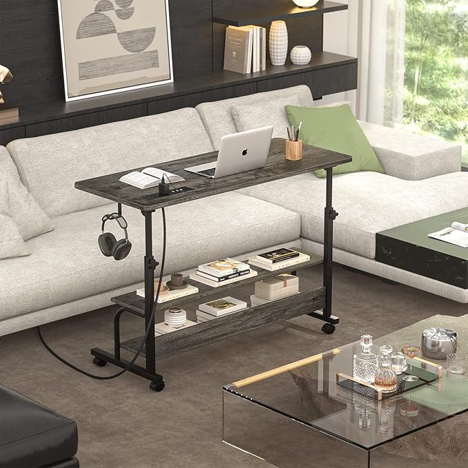 Height Adjustable Standing Desk with Power Outlets, 39" Manual Stand Up Desk with Storage Shelves Small Mobile Rolling Computer Desk Portable Laptop Table with Wheels for Home Office, Grey Oak