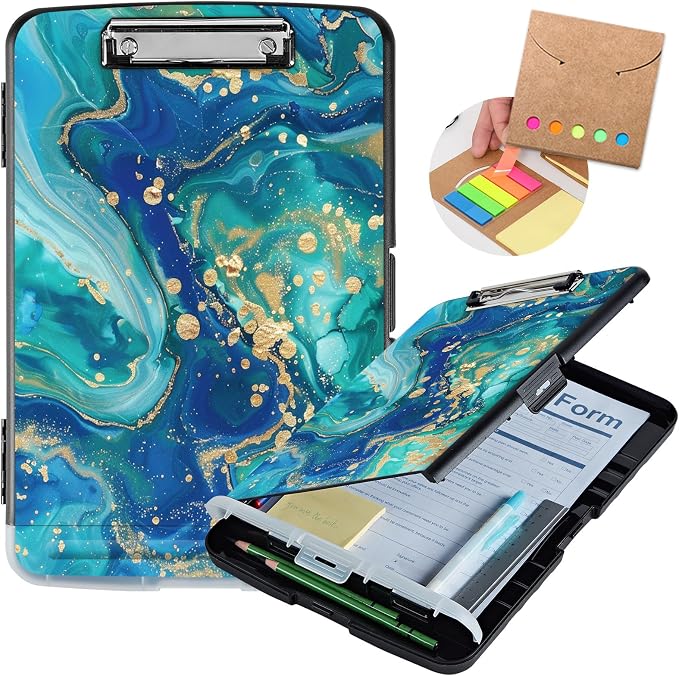 Clipboard with Storage,Storage Clipboard with Pen Holder,Heavy Duty Plastic Storage Clipboard with Low Profile Clip,Teacher Must Haves,Clipboard Folder,Office Supplies,Gold Marble -1336