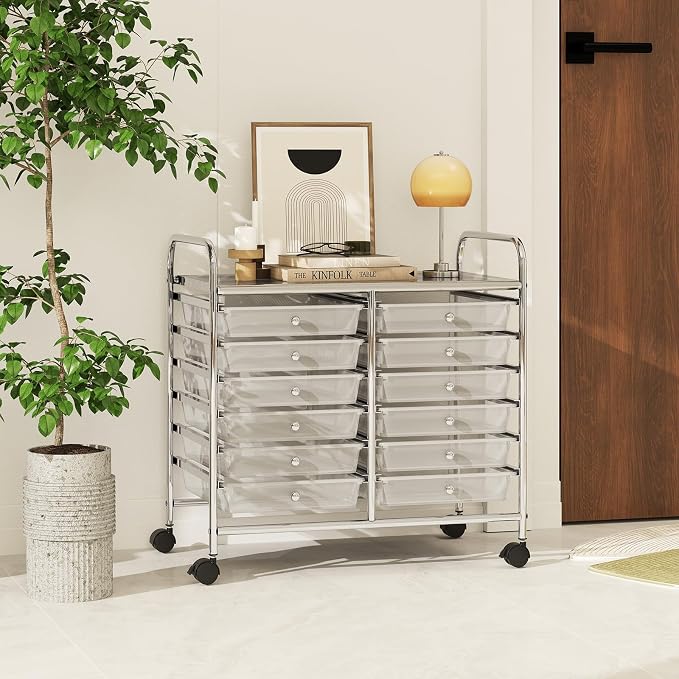 RELAX4LIFE 12-Drawer Rolling Storage Cart - Mobile Utility Cart on Wheels for School Classroom Teacher Office Salon, Paper File Art Supply Craft Organizer, Rolling Cart with Drawers (Clear)