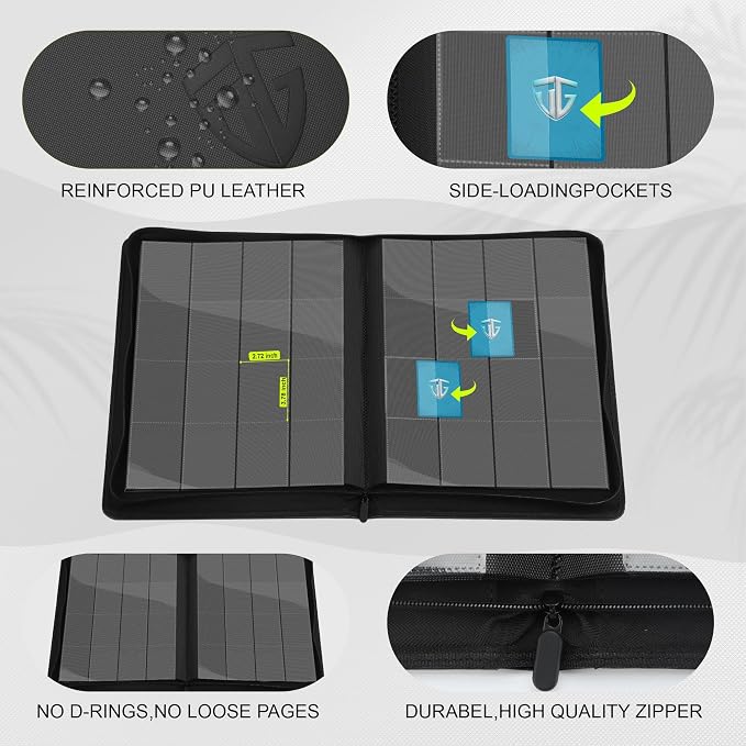 16 Pockets Trading Card Zipper Binder for 1000+ Cards| Secure Side Loading Pockets | Trading Card Album Folder | Compatible with YuGiOh, MTG,Sports Cards (Black 16)