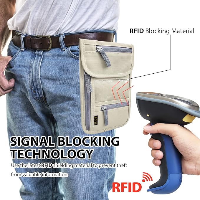 Travel Neck Wallet, RFID Blocking Passport Holder with Adjustable Neck Strap for Men and Women to Keep Cash, Credit Cards and Travel Documents Safe - Beige