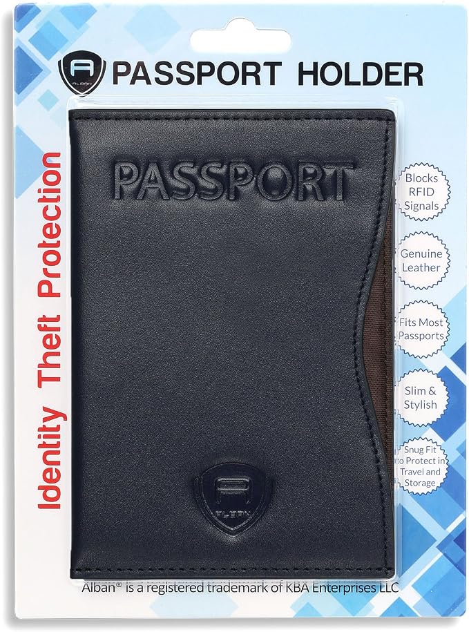 Alban RFID Passport Holder for Women & Men, Genuine Leather Passport Cover | RFID blocking design helps protect personal information while traveling, Slim genuine leather case for travel essentials