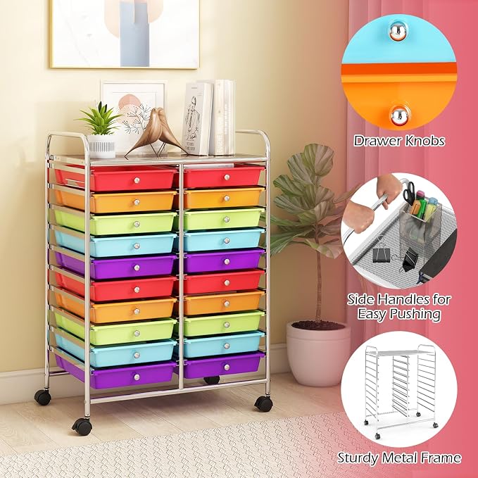 RELAX4LIFE 20 Drawer Rolling Storage Cart, Mobile Rolling Cart w/Drawers for School Classroom Teacher Office Home Salon, Paper File Art Supply Craft Organizer, Utility Cart on Wheels (Multicolor)