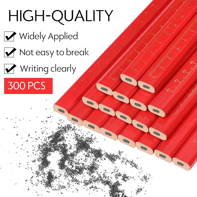 Lincia 300 Pcs Carpenter Pencils 7 Inch Octagonal Flat Carpenter Marking Pencils Hard Black Construction Contractor Pens for Woodworking and Concrete Marking(Red)