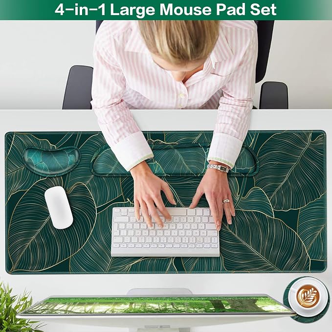 Desk Mat, Large Gaming Mouse Pad with Wrist Rest, 4 in1 | XXL Mousepad Keyboard Wrist Rest Mouse Pad Wrist Support Cup Coaster Set Ergonomic for Computer Desk Decor Office Women