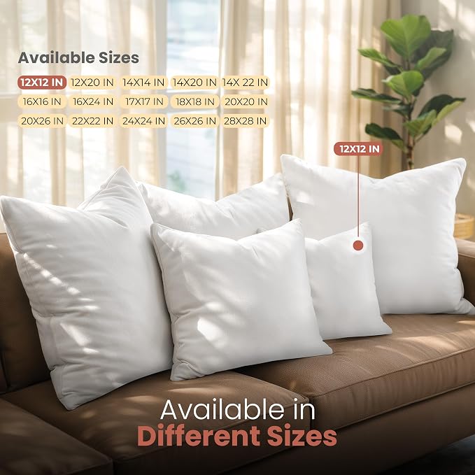Utopia Bedding 12x12 Pillow Inserts, White Throw Pillows for Couch, 2 Pack | Indoor cushion inserts for bed, sofa & couch, Supportive & fluffy decorative pillows for everyday comfort, Set of 2, White
