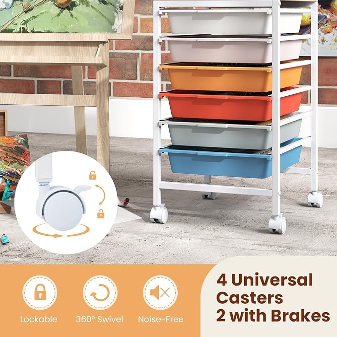 Giantex Rolling Storage Cart with 6 Drawers, Utility Cart w/Wooden Tabletop, Lockable Wheels, Multipurpose Organizer for Art Craft Scrapbooks Paper, Drawer Carts for Dorm Classroom Office, Macaron
