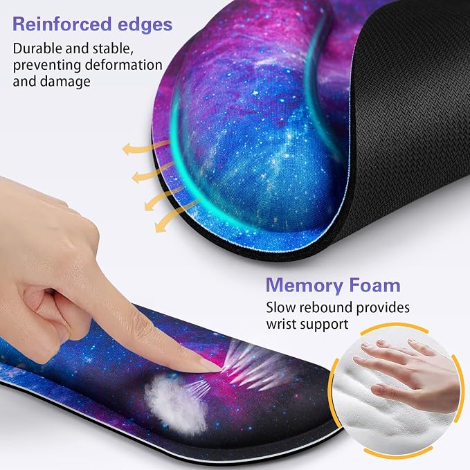 Desk Pad Galaxy, Mouse Pad with Wrist Rest, 3-in-1 Wrist Support Mousepad | Gaming Mat Pad with Anti-Skid Base,Ergonomic Memory Foam Keyboard Gel Wrist Rest, Office Desk Accessories
