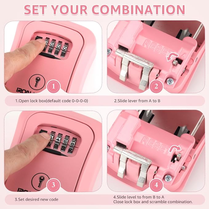 Iron Lock® Medium Wall Mount Combination Key Lock Box, Outdoor (Pink) | Screw-in wall mount (4 screws + 4 anchors) — not magnetic, does not hang; weather-resistant zinc alloy, includes key hanger