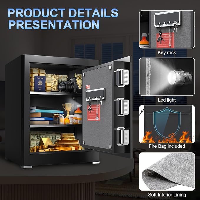 Safe Box, Money Safe with Fireproof Waterproof Bag, Medium Size Safes with Digital Keypad, Dual Alarm System, Removable Shelf for Valuables & Cash (Upgrade 2.0 CUFT Digital
