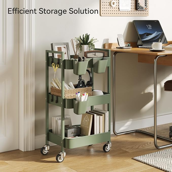 Nunsino 3 Tier Rolling Cart,Utility Cart with Locking Wheels, Hanging Cups,&Hooks, Heavy Duty Metal Storage Organizer Cart for Kitchen,Office, Bathroom,Craft Room,Green