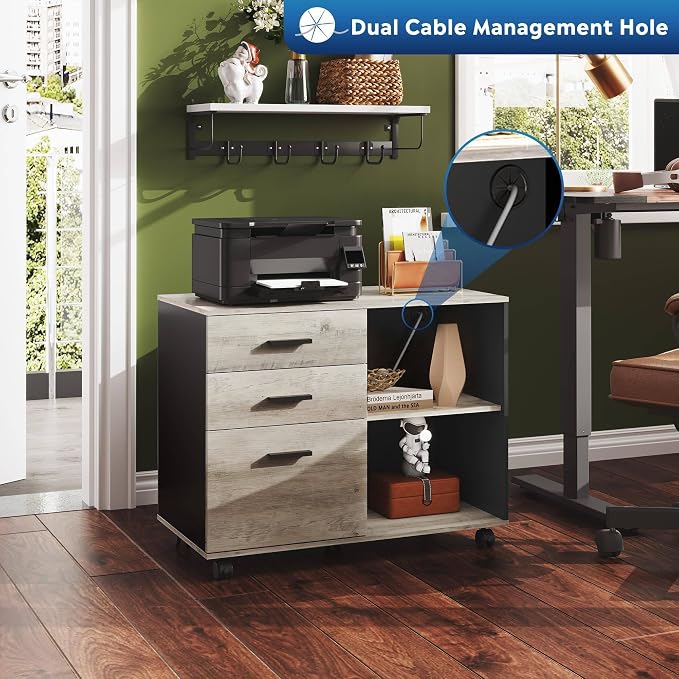 DEVAISE 3-Drawer Mobile File Cabinet, Lateral Filing Cabinet, Greige | Wood, Rolling Printer Stand, Under Desk Storage, Open Shelves, Fits Letter & A4 File, Home Office