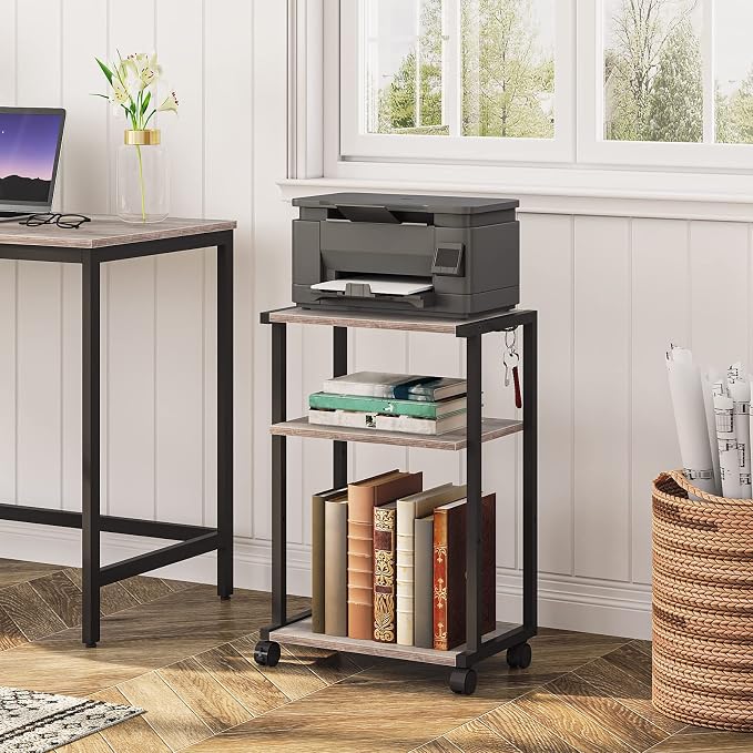 HOOBRO Mobile Printer Stand, 3-Tier Printer Cart Under Desk with Storage, Industrial Adjustable Rolling Cart, Sturdy Little Table on Wheels for Home Office BG28PS01N1