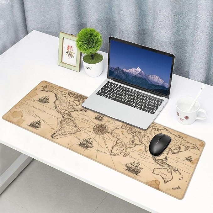 Vintage Map Gaming Mouse Pad Large Extended Desk Mat Non-Slip Rubber Base Keyboard Pad with Stitched Edges for Office Gaming 31.5x11.8 in