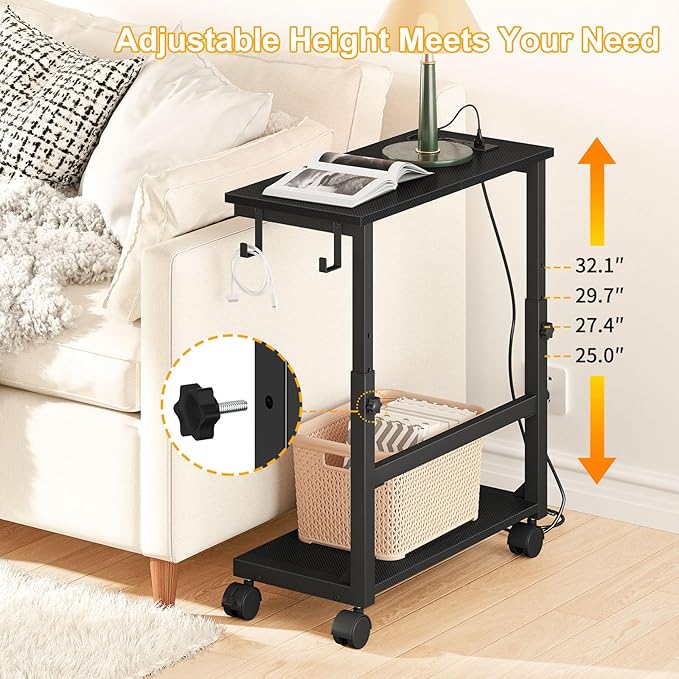 Snughome Computer Tower Stand with Charge Station, 25.0"-32.1" Height Ajustable PC Tower Stand for Floor, Mobile CPU Holder Cart for Carpet with Hooks, PC Cart for Gaming Office Home