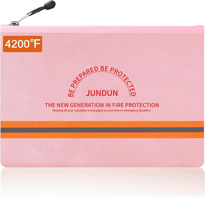 Fireproof Document Bag,14.2”x 10.0”Waterproof and Fireproof Money Bag with Aluminum Foil Lining,Fireproof Safe Storage Pouch with Zipper for Document and Cash,Pink