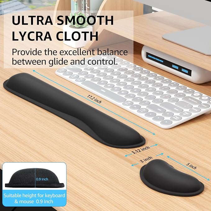 KTRIO Keyboard Wrist Rest & Small Mouse Wrist Rest, Black | Memory Foam Wrist Support, Ergonomic Design, Non-Slip Base, Office and Home Use