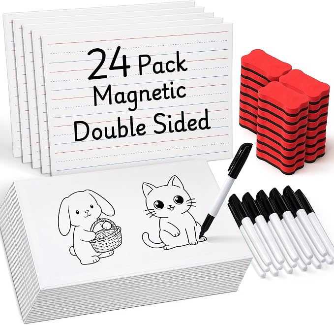 GAMENOTE 24 Pack Magnetic Dry Erase Lap Boards, Lined and Blank, 9 x 12 in | 24 pack double sided 9 x 12 boards pair a lined side with a blank side for reusable writing practice