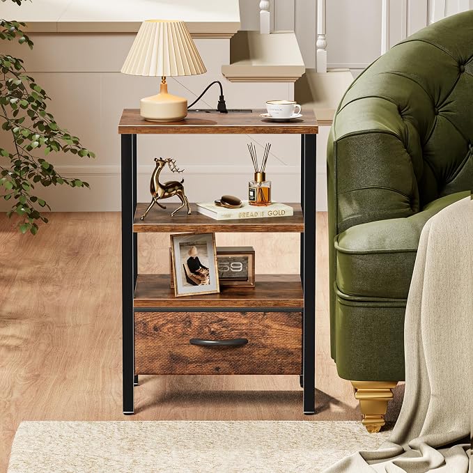 SUPERJARE Nightstand Set of 2 with Charging Station, USB-C Port, End Tables | Night Stand for Bedroom, with Adjustable Fabric Drawer, 3-Tier Storage Bedside Tables for Living Room, Rustic Brown