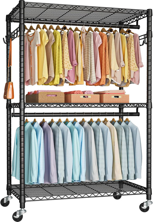 P1 Plus Rolling Clothes Rack, 22mm Diameter Heavy Duty Garment Rack with Wheels, Portable Closet Wardrobe with Double Rods, 45" W x 17.7" D x 80.5" H, Max Load 524 LBS, Black