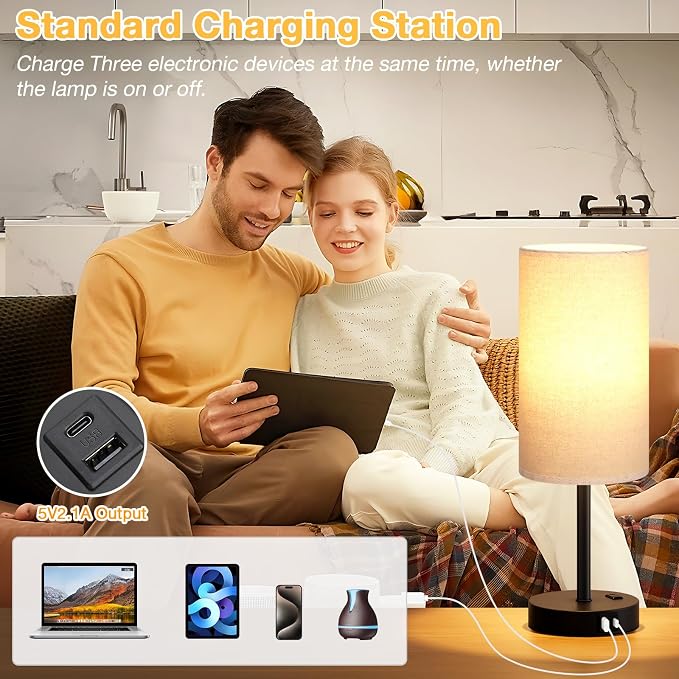 Dicoool 17.4" Bedside Lamp for Bedroom - Dimmable Touch, USB A+C, AC Outlet | LED Bulb Included, 3-Way Dimmable, 17.4" Table Lamp for Living Room, Dorm, Beige Fabric Lampshade, Black Metal Base