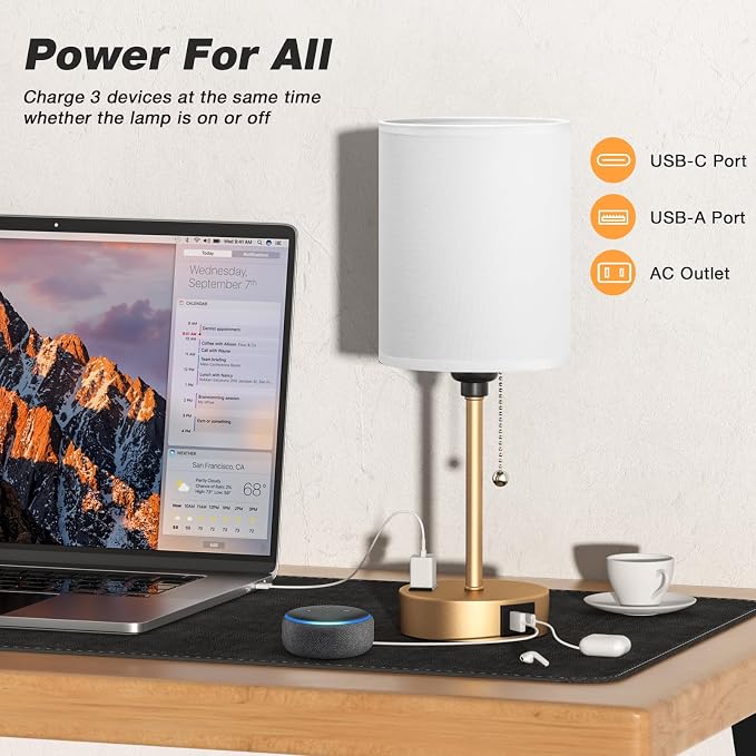 Small Bedside Lamp for Nightstand, Gold Desk Lamp for Dorm Room Bedroom | USB A+C Ports, AC Outlet, 3 Color Temperatures, LED Bulb Included, White Fabric Shade, Gold Brass Base, 14" Night Stand Lamp