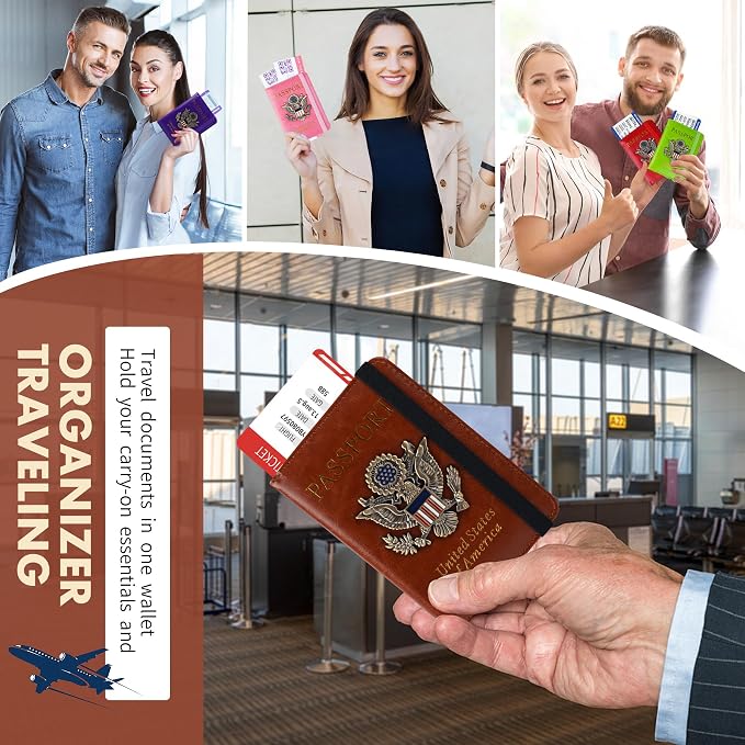 Passport Holder Cover Travel Wallet and Card Slot Combo RFID Blocking Leather Family Passport Holder Travel Accessories for Men Women(Brown)