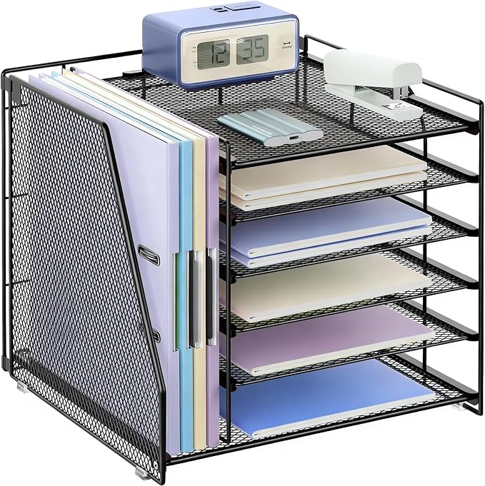 gianotter 6-Tier Paper Organizer With Magazine Holder | Desk Organizers and Accessories, File Organizer for Office Supplies Storag (Black, 6-Tier)
