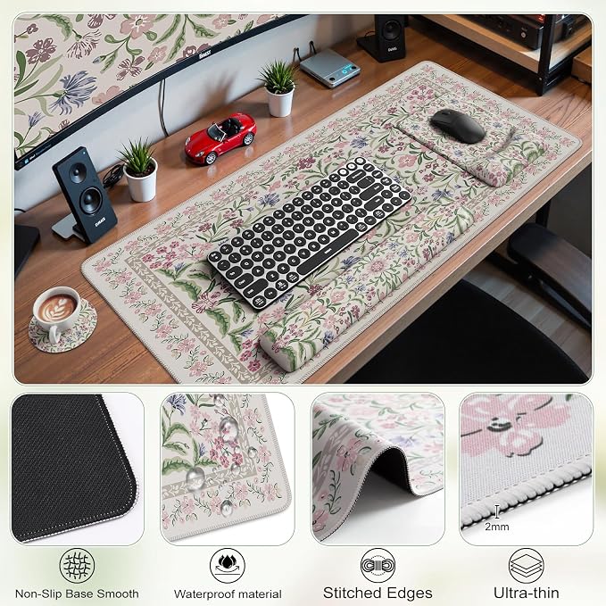 iCasso Mouse Pad with Wrist Rest, Large Desk Mat Set, Purple | Ergonomic Keyboard Pad with Wrist Support, Non-Slip Mouse Mat for Women, Cute Floral Computer Mat for Home Office Gaming
