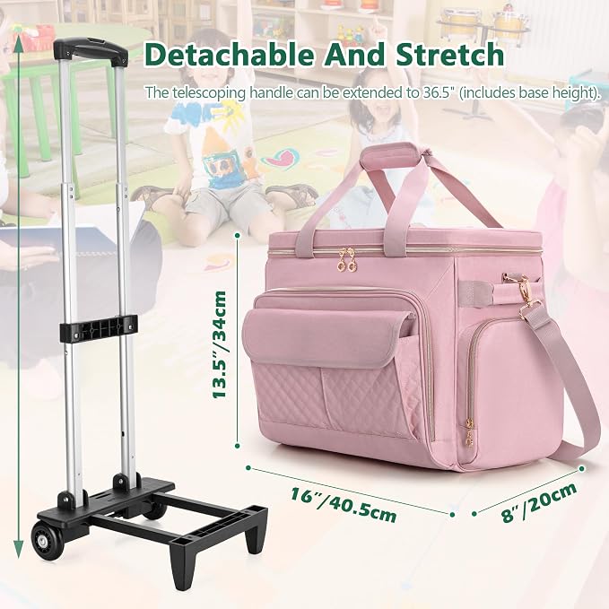 LUXJA Rolling Teacher Bag with Wheels and 15.6" Laptop Compartment, Pink | Rolling Briefcase for Women with Accordion File Area, Teacher Tote Bag for Work with Detachable Dolly and Shoulder Strap
