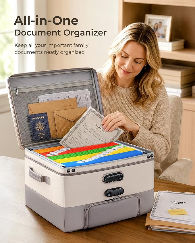 Fireproof Document Box with 2 Locks, 10 Hanging File Folders | Large-Capacity Family Filing System for Organizing Estate Planning, Emergency Preparedness and Home Office Important Document