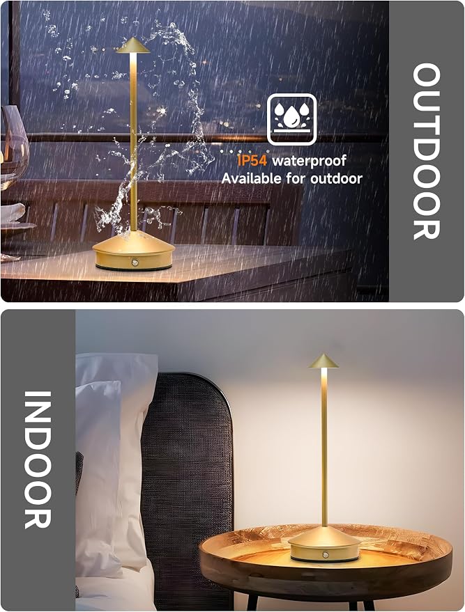 LED Rechargeable Cordless Table Lamps Gold | 2 Pcs Portable Modern USB Battery Operated Lights,Waterproof Touch Dimmable Desk Lamp,for Patio,Restaurant,Bar,Dining Home