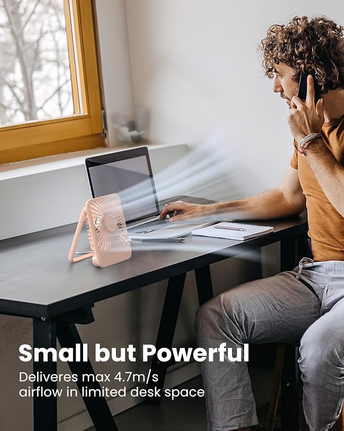 Koonie USB Desk Fan, Strong Wind Ultra Quiet Small Mini Fan | 180° Tilt Folding & 3 Speeds Adjustable, USB-C Corded Powered Personal Fan for Office Desktop Bedroom, Pink, NO BATTERY