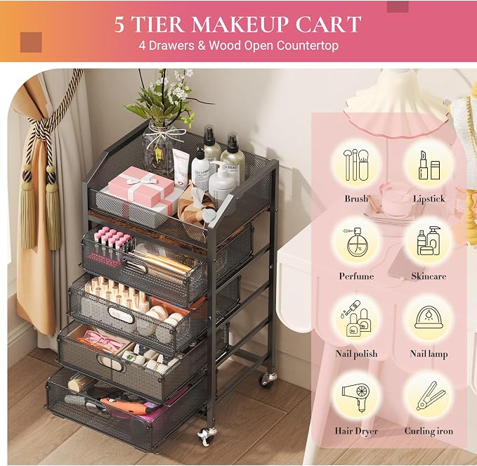 Goovilla Rolling Makeup Organizer Cart with Drawers, 5 Tier Metal, Black | Floor Skincare Vanity Organizers with Lockable Wheels, Make Up Storage Cart for Cosmetics Display, Nail Polish, Perfume