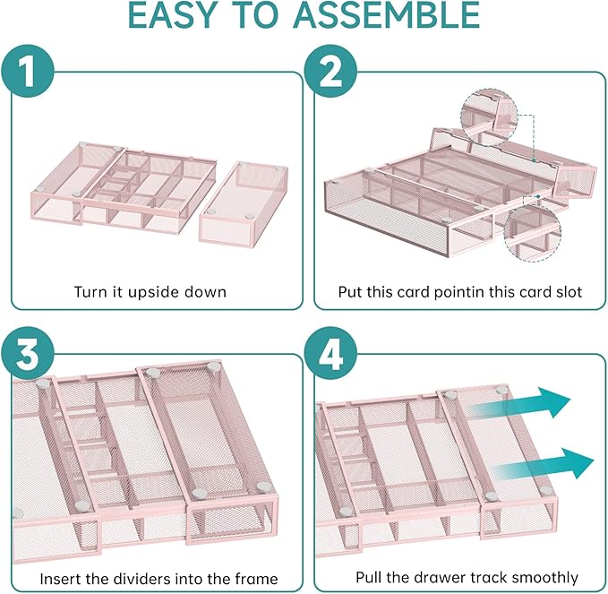 Expandable Desk Drawer Organizer Tray with 10 Adjustable Compartments, Metal Mesh Office Drawer Organizer, Versatile Desk Organizer for Home, School Supplies, Makeup Vanity & Jewelry (Pink)