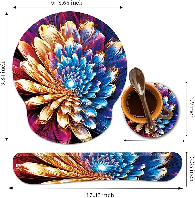 Keyboard Wrist Rest and Mouse Wrist Rest Pad with Cup Coaster,Made of Memory Foam,Ergonomic Support,Easy-Typing and Pain Relief,for Gaming Office Home Computer,Abstract Flower